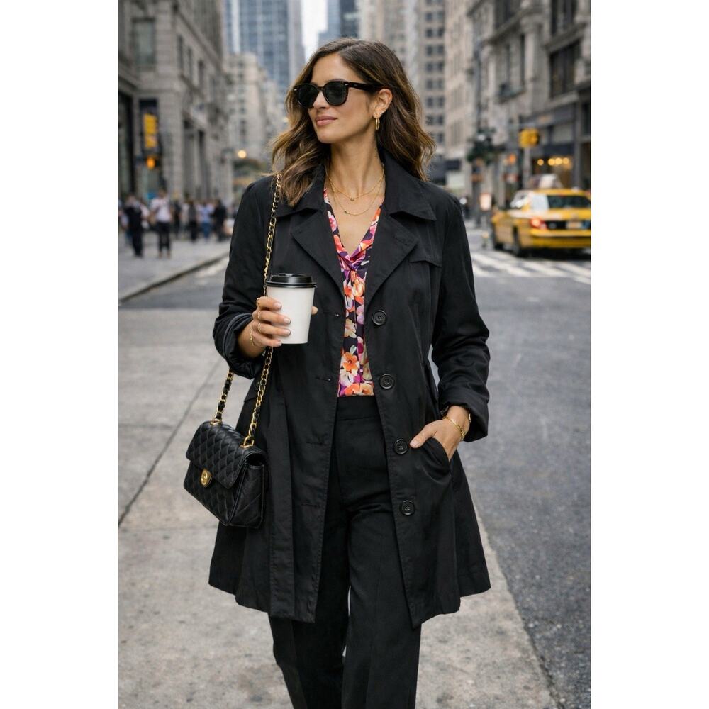 Ambition Black Trench Coat Midi Length City Chic Workwear Jacket Size M